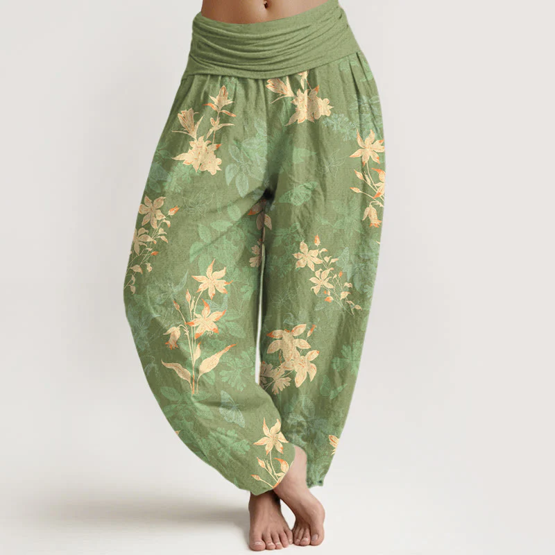 Pantaloni harem da donna con elastico in vita, in cotone fresco e raffinato, con motivo a fiori e foglie , Buddha Stones - Image 9