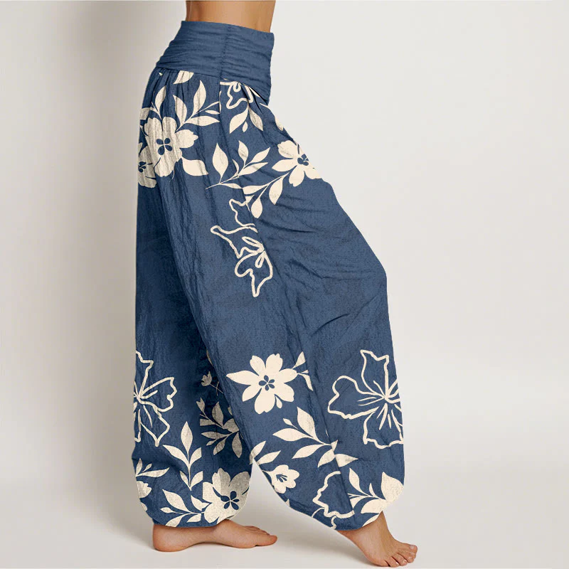 Pantaloni harem da donna con elastico in vita, in cotone, retrò, con motivo semplice di fiori e foglie, motivo Buddha Stones - Image 3