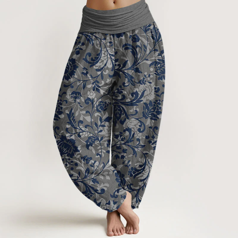 Pantaloni harem da donna con elastico in vita, in cotone, sobrio e lussuoso, con motivo floreale e tralci di vite , Buddha Stones - Image 6