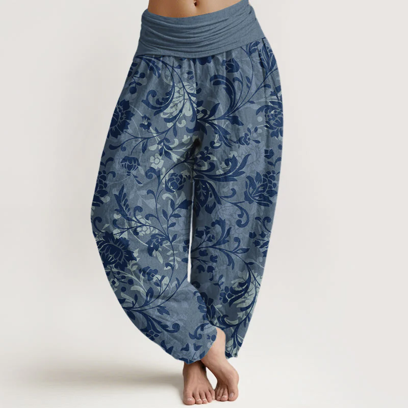 Pantaloni harem da donna con elastico in vita, in cotone, sobrio e lussuoso, con motivo floreale e tralci di vite , Buddha Stones - Image 9