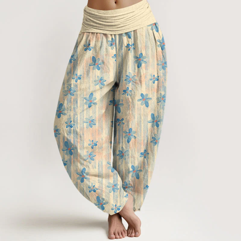 Pantaloni harem da donna con elastico in vita, in cotone, stile semplice, motivo floreale, motivo Buddha Stones
