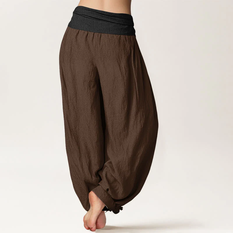 Pantaloni harem da donna con elastico in vita, in cotone, verde, nero, marrone e rosso, tinta unita , Buddha Stones - Image 10