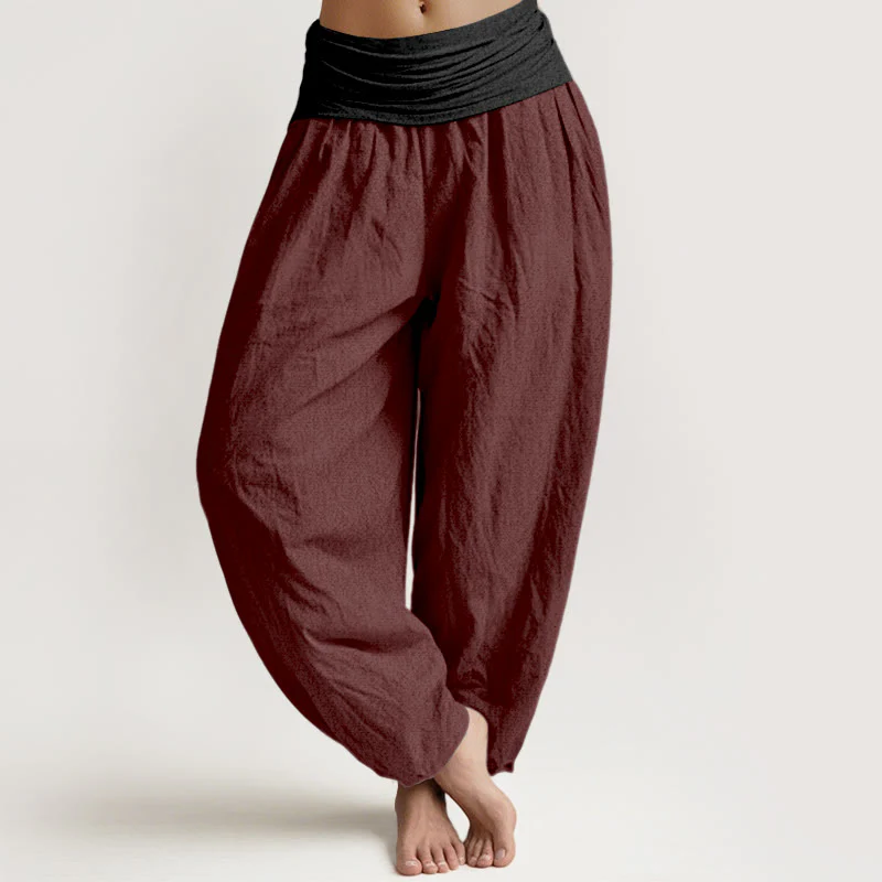 Pantaloni harem da donna con elastico in vita, in cotone, verde, nero, marrone e rosso, tinta unita , Buddha Stones - Image 12