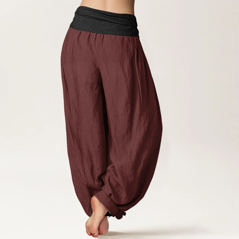 Pantaloni harem da donna con elastico in vita, in cotone, verde, nero, marrone e rosso, tinta unita , Buddha Stones - Image 13