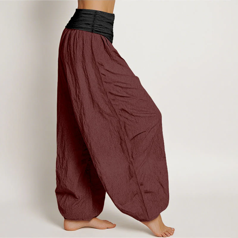 Pantaloni harem da donna con elastico in vita, in cotone, verde, nero, marrone e rosso, tinta unita , Buddha Stones - Image 14