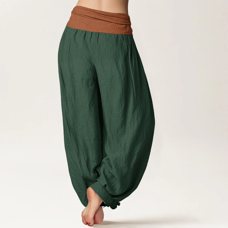 Pantaloni harem da donna con elastico in vita, in cotone, verde, nero, marrone e rosso, tinta unita , Buddha Stones - Image 2