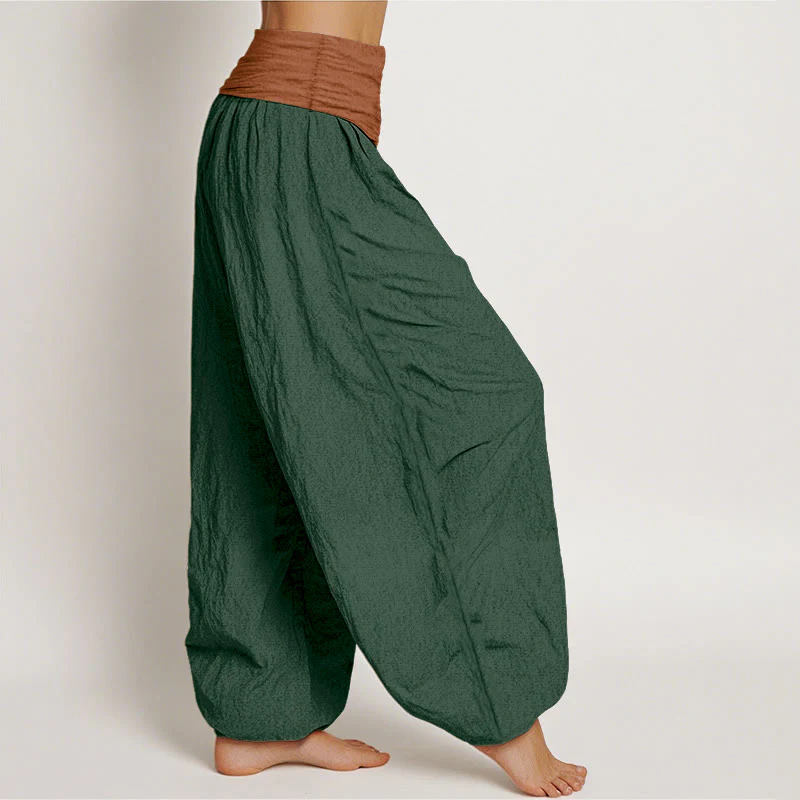 Pantaloni harem da donna con elastico in vita, in cotone, verde, nero, marrone e rosso, tinta unita , Buddha Stones - Image 3