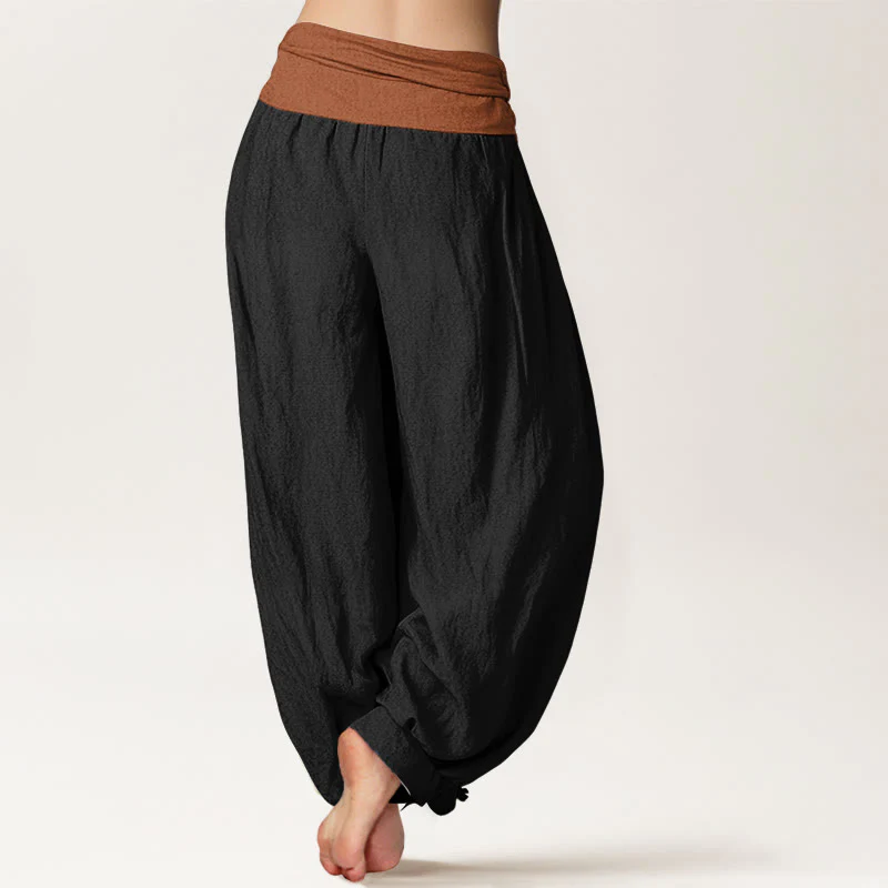 Pantaloni harem da donna con elastico in vita, in cotone, verde, nero, marrone e rosso, tinta unita , Buddha Stones - Image 7