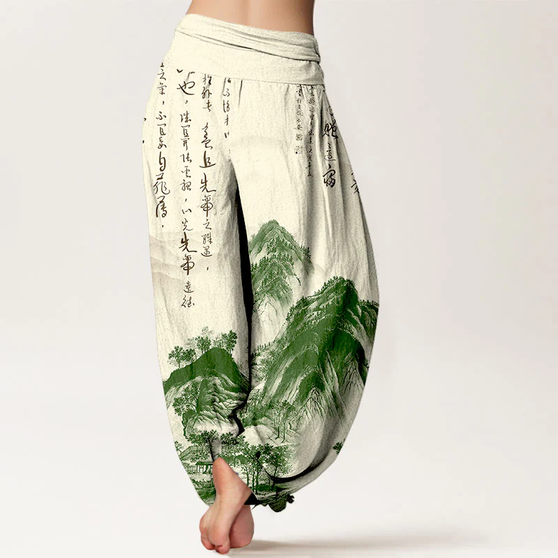 Pantaloni harem da donna con elastico in vita, in puro Buddha Stones, con calligrafia cinese e pittura di paesaggio - Image 2