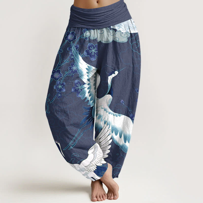 Pantaloni harem da donna con elastico in vita, in puro Buddha Stones , con gru, fiori e nuvole