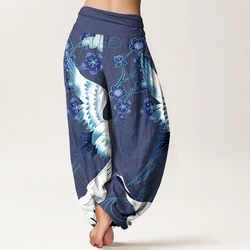Pantaloni harem da donna con elastico in vita, in puro Buddha Stones , con gru, fiori e nuvole - Image 2