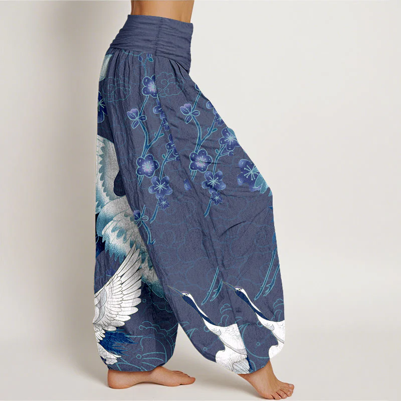 Pantaloni harem da donna con elastico in vita, in puro Buddha Stones , con gru, fiori e nuvole - Image 3