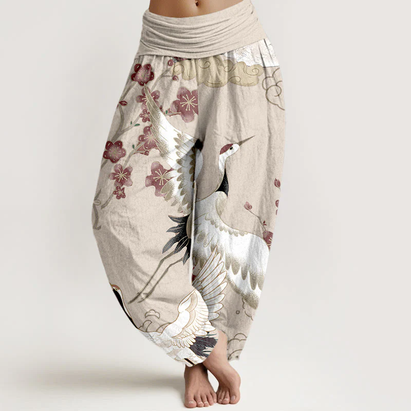 Pantaloni harem da donna con elastico in vita, in puro Buddha Stones , con gru, fiori e nuvole - Image 6