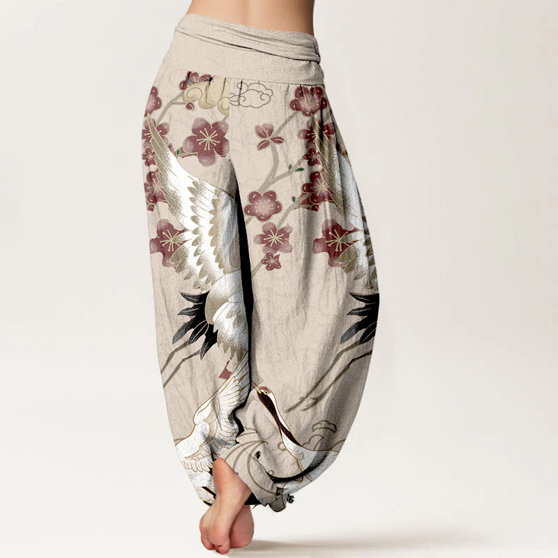 Pantaloni harem da donna con elastico in vita, in puro Buddha Stones , con gru, fiori e nuvole - Image 7