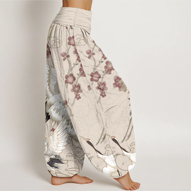 Pantaloni harem da donna con elastico in vita, in puro Buddha Stones , con gru, fiori e nuvole - Image 8