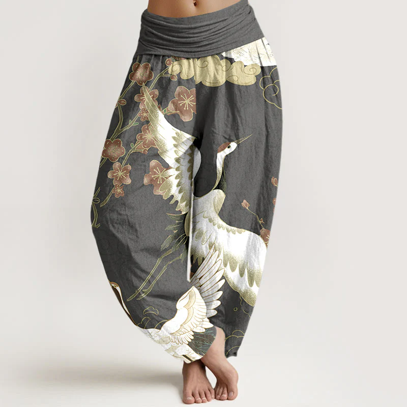 Pantaloni harem da donna con elastico in vita, in puro Buddha Stones , con gru, fiori e nuvole - Image 9