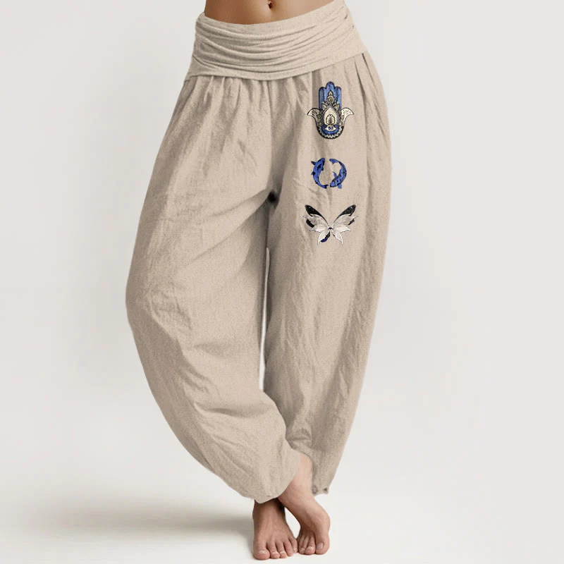 Pantaloni harem da donna con elastico in vita, in puro Buddha Stones , con motivo a farfalla e mano di Hamsa, motivo a pesce koi