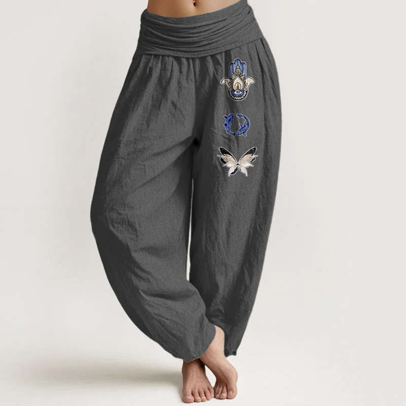 Pantaloni harem da donna con elastico in vita, in puro Buddha Stones , con motivo a farfalla e mano di Hamsa, motivo a pesce koi - Image 12