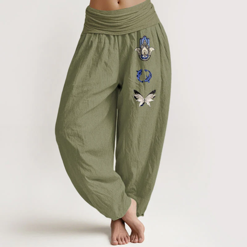 Pantaloni harem da donna con elastico in vita, in puro Buddha Stones , con motivo a farfalla e mano di Hamsa, motivo a pesce koi - Image 15