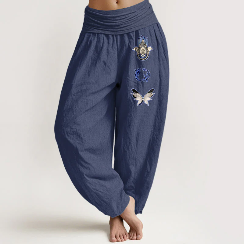 Pantaloni harem da donna con elastico in vita, in puro Buddha Stones , con motivo a farfalla e mano di Hamsa, motivo a pesce koi - Image 9