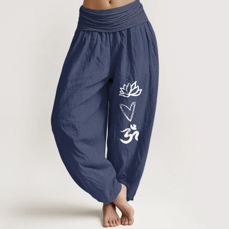 Pantaloni harem da donna con elastico in vita, in puro cotone, a forma di cuore di loto, con simbolo Om, motivo Buddha Stones