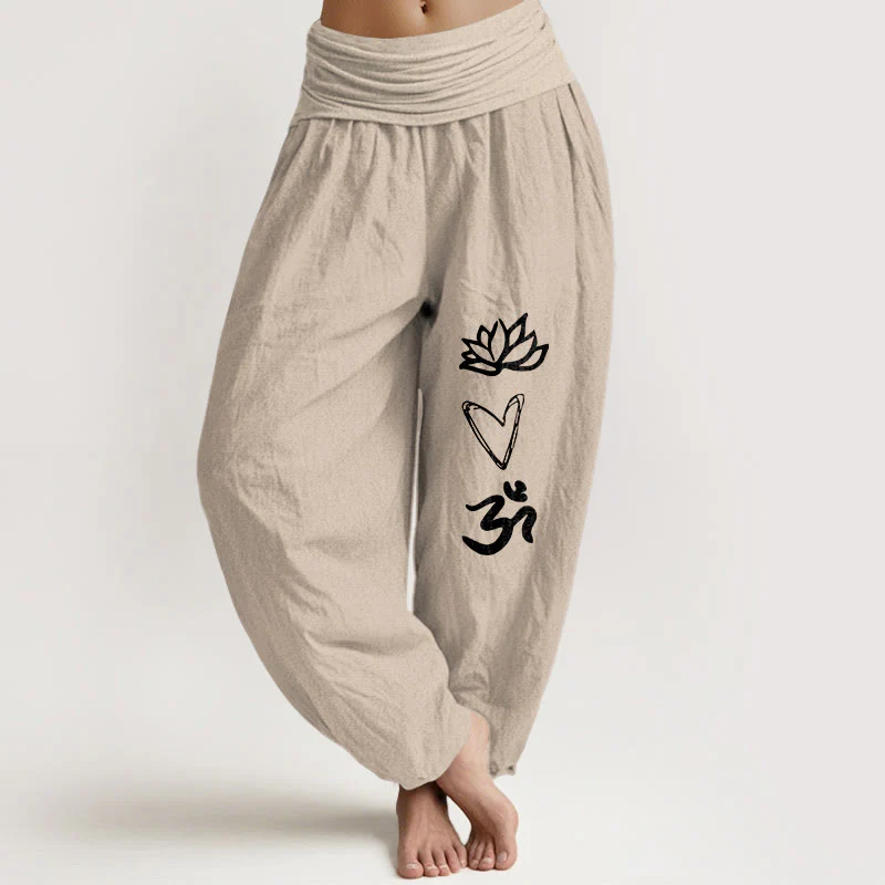 Pantaloni harem da donna con elastico in vita, in puro cotone, a forma di cuore di loto, con simbolo Om, motivo Buddha Stones - Image 12