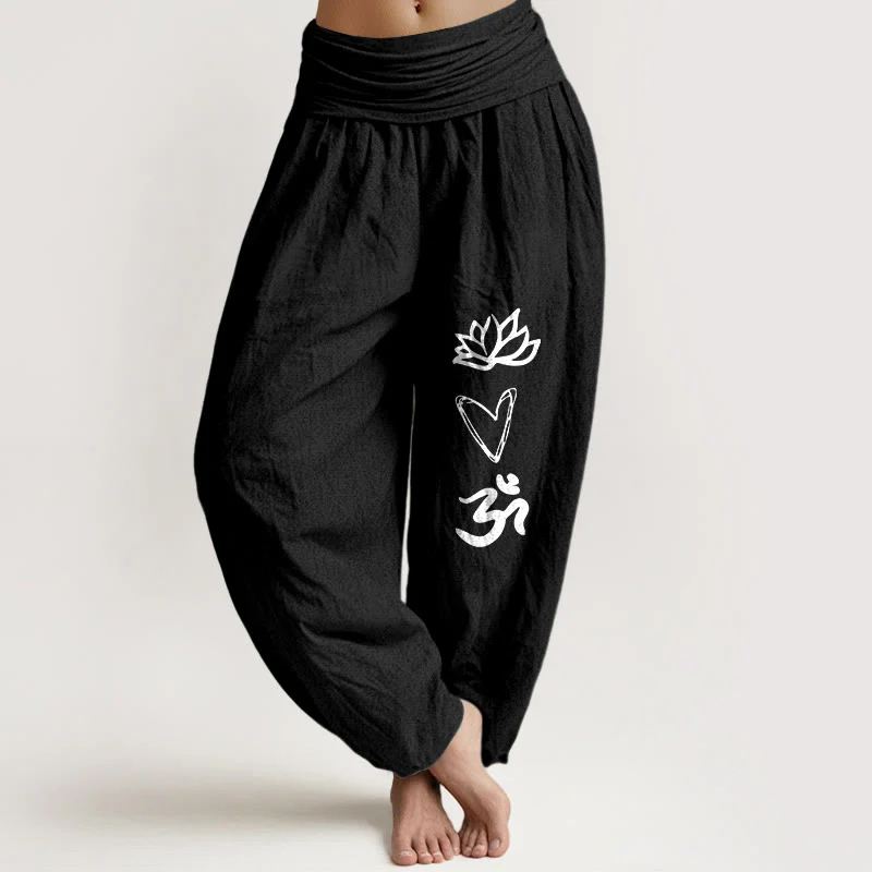 Pantaloni harem da donna con elastico in vita, in puro cotone, a forma di cuore di loto, con simbolo Om, motivo Buddha Stones - Image 6