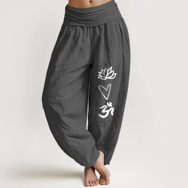 Pantaloni harem da donna con elastico in vita, in puro cotone, a forma di cuore di loto, con simbolo Om, motivo Buddha Stones - Image 9