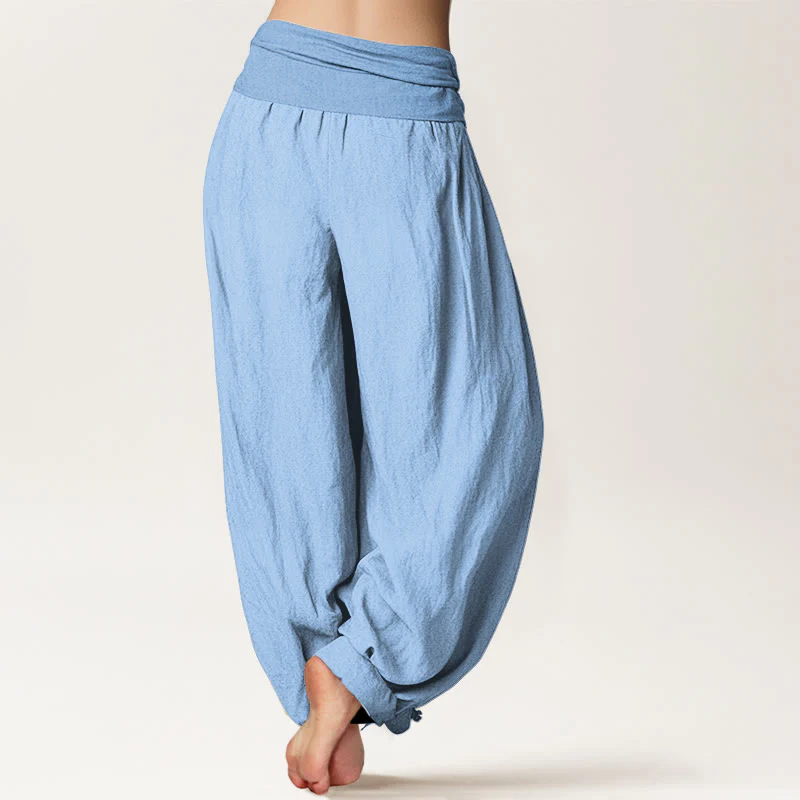 Pantaloni harem da donna con elastico in vita, in puro cotone azzurro cielo, Buddha Stones - Image 2