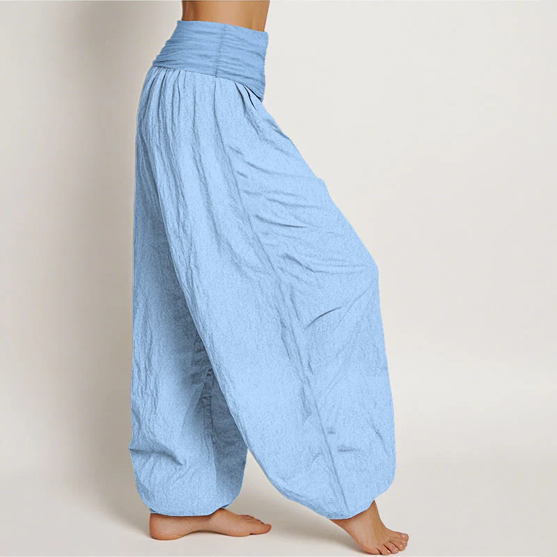 Pantaloni harem da donna con elastico in vita, in puro cotone azzurro cielo, Buddha Stones - Image 3