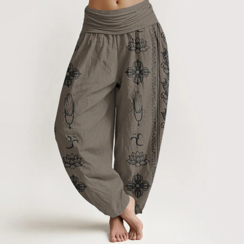 Pantaloni harem da donna con elastico in vita, in puro cotone, Buddha Stones e fiori di loto, doppio Dorje, Vajra, Namaste e Om. - Image 18