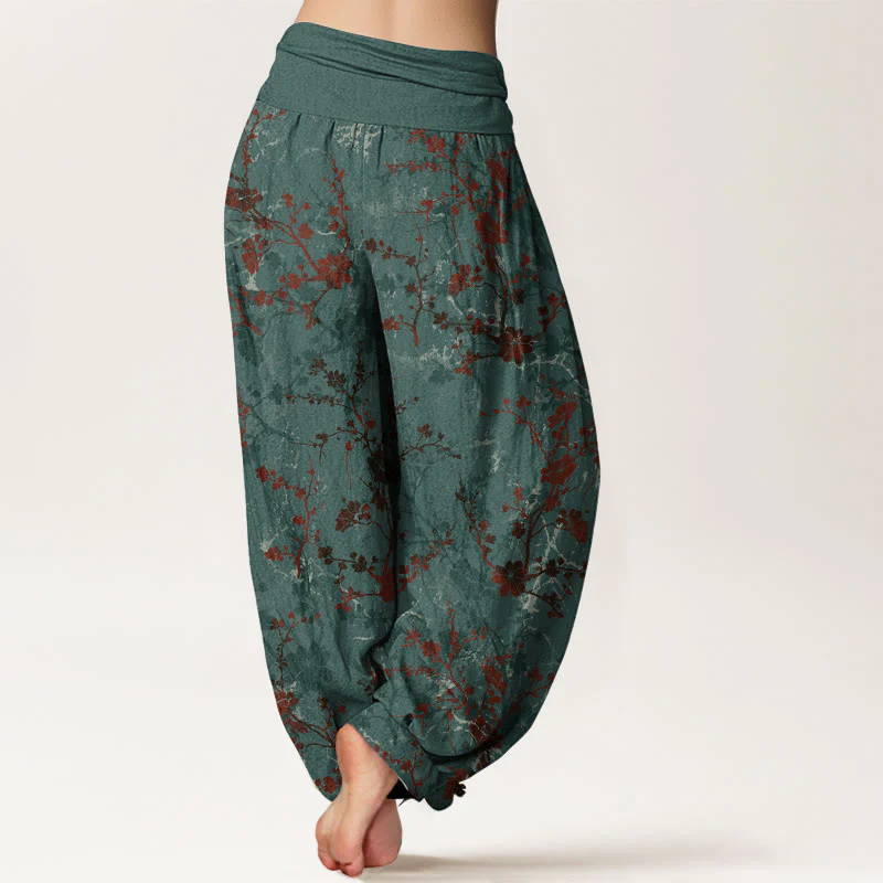 Pantaloni harem da donna con elastico in vita, in puro cotone, Buddha Stones, fiori che sbocciano, rami e foglie - Image 2