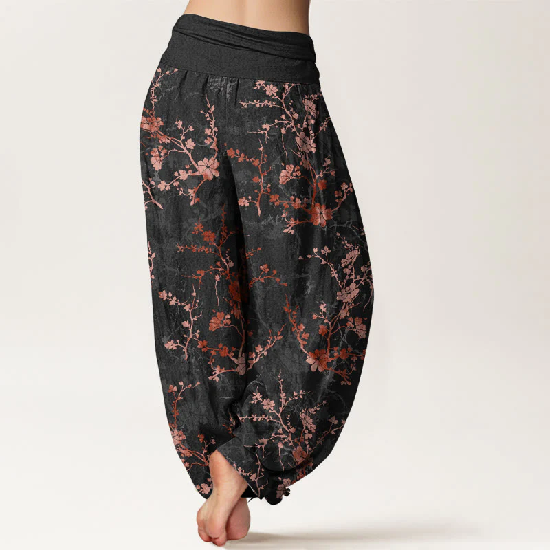 Pantaloni harem da donna con elastico in vita, in puro cotone, Buddha Stones, fiori che sbocciano, rami e foglie - Image 7