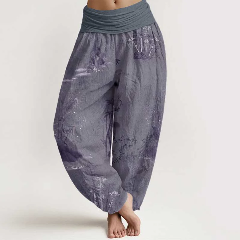 Pantaloni harem da donna con elastico in vita, in puro cotone, casual, con Buddha Stones di bambù e pittura a inchiostro