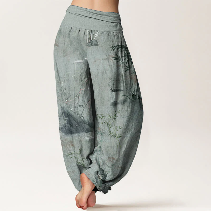 Pantaloni harem da donna con elastico in vita, in puro cotone, casual, con Buddha Stones di bambù e pittura a inchiostro - Image 11