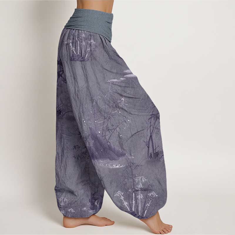 Pantaloni harem da donna con elastico in vita, in puro cotone, casual, con Buddha Stones di bambù e pittura a inchiostro - Image 3