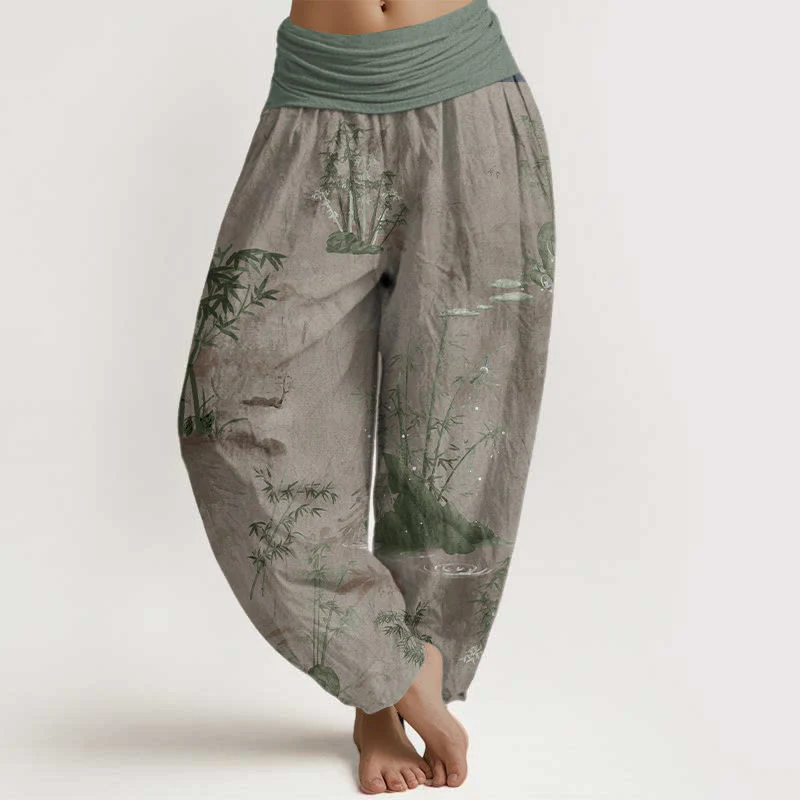 Pantaloni harem da donna con elastico in vita, in puro cotone, casual, con Buddha Stones di bambù e pittura a inchiostro - Image 7