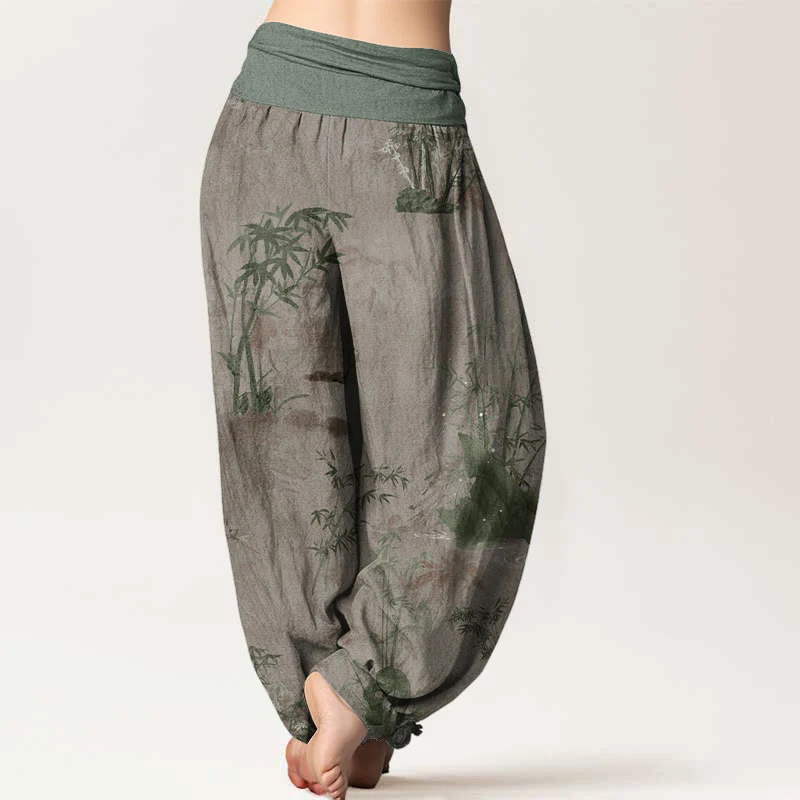 Pantaloni harem da donna con elastico in vita, in puro cotone, casual, con Buddha Stones di bambù e pittura a inchiostro - Image 8