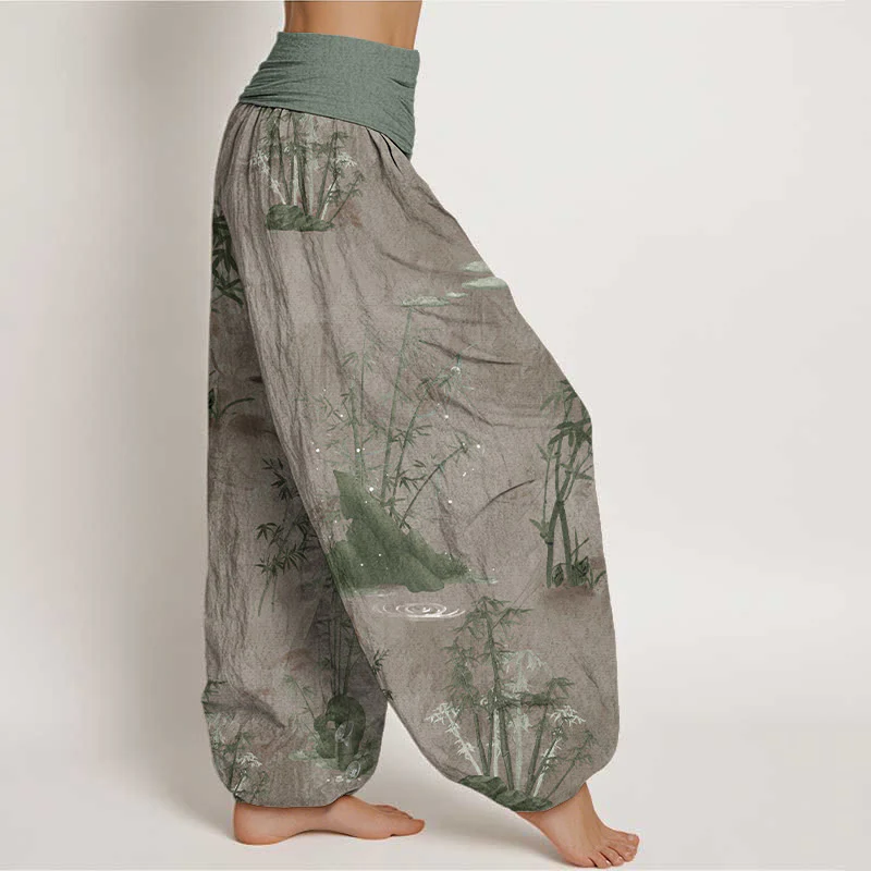 Pantaloni harem da donna con elastico in vita, in puro cotone, casual, con Buddha Stones di bambù e pittura a inchiostro - Image 9
