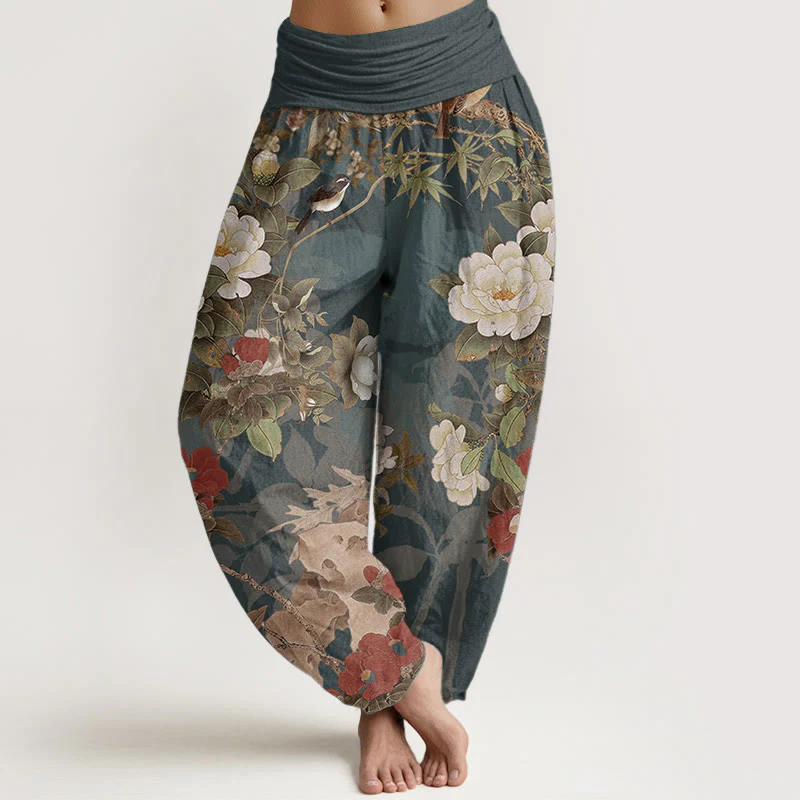 Pantaloni harem da donna con elastico in vita, in puro cotone, casual, con fiori di peonia e foglie di gazza, Buddha Stones
