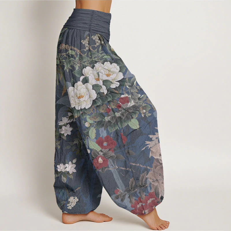 Pantaloni harem da donna con elastico in vita, in puro cotone, casual, con fiori di peonia e foglie di gazza, Buddha Stones - Image 10