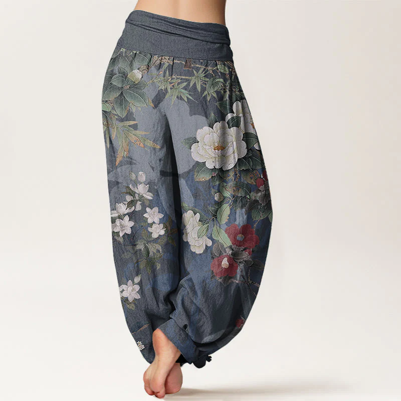 Pantaloni harem da donna con elastico in vita, in puro cotone, casual, con fiori di peonia e foglie di gazza, Buddha Stones - Image 11