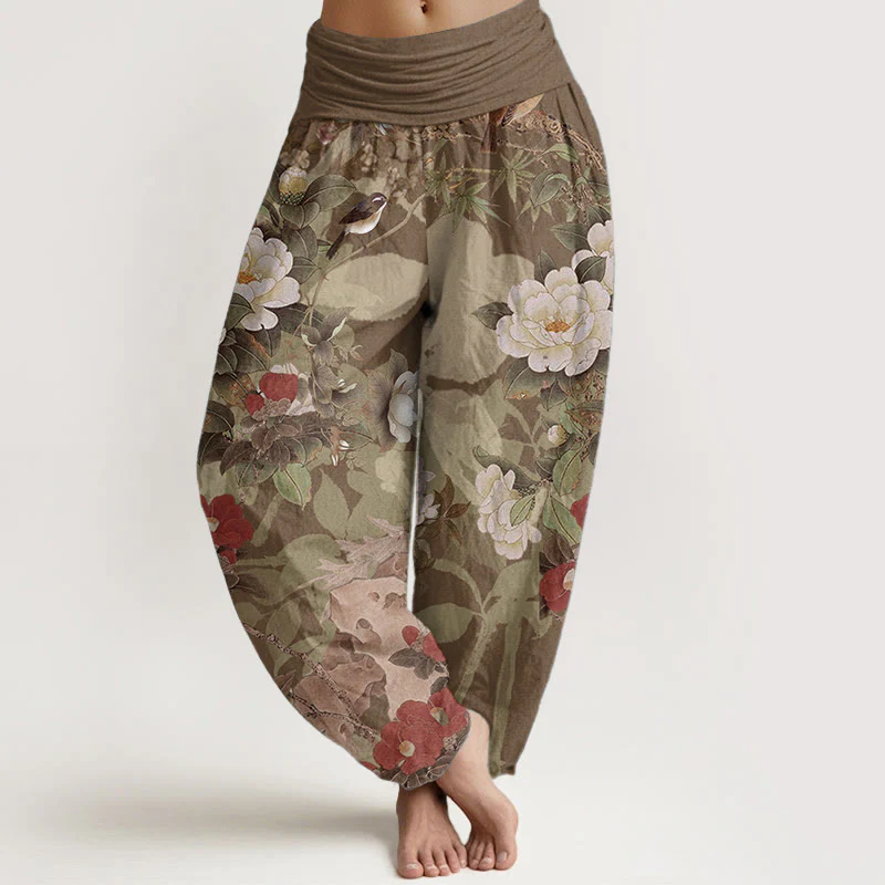 Pantaloni harem da donna con elastico in vita, in puro cotone, casual, con fiori di peonia e foglie di gazza, Buddha Stones - Image 6