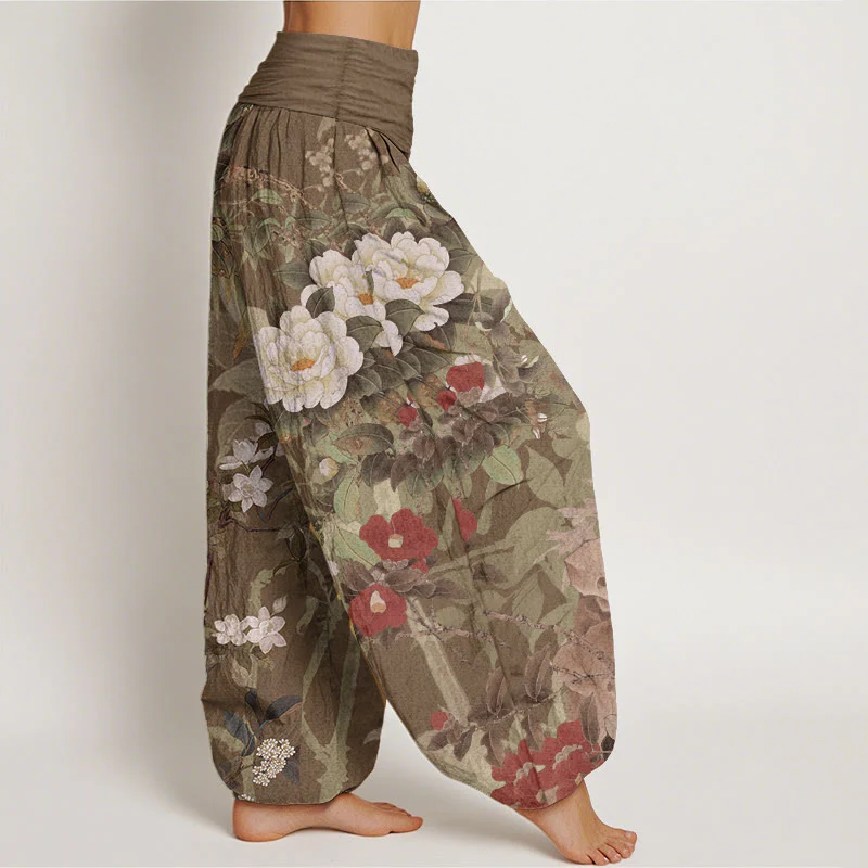 Pantaloni harem da donna con elastico in vita, in puro cotone, casual, con fiori di peonia e foglie di gazza, Buddha Stones - Image 7