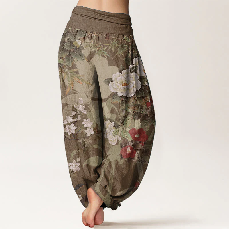Pantaloni harem da donna con elastico in vita, in puro cotone, casual, con fiori di peonia e foglie di gazza, Buddha Stones - Image 8