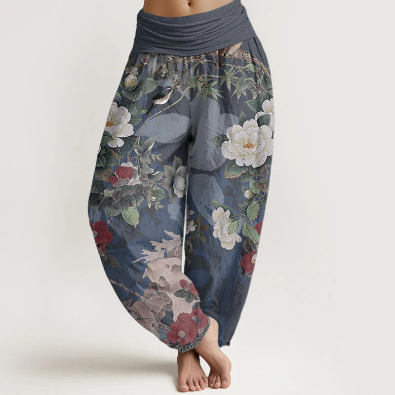 Pantaloni harem da donna con elastico in vita, in puro cotone, casual, con fiori di peonia e foglie di gazza, Buddha Stones - Image 9