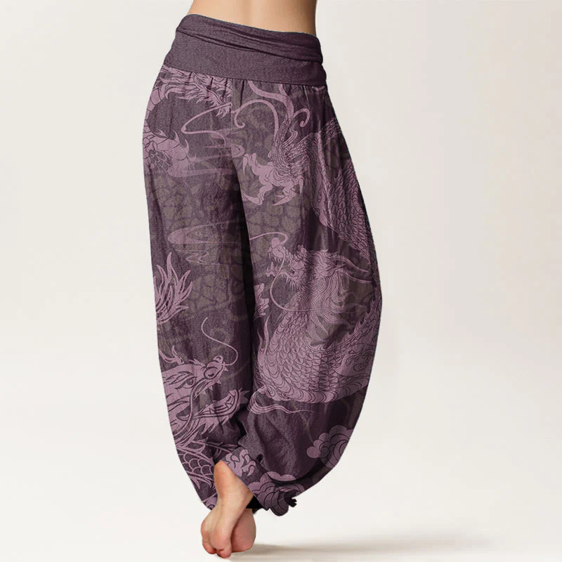 Pantaloni harem da donna con elastico in vita, in puro cotone, con Buddha Stones drago e nuvole di buon auspicio - Image 10