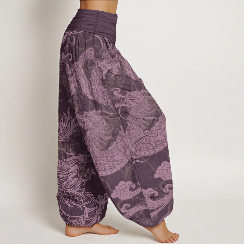 Pantaloni harem da donna con elastico in vita, in puro cotone, con Buddha Stones drago e nuvole di buon auspicio - Image 11
