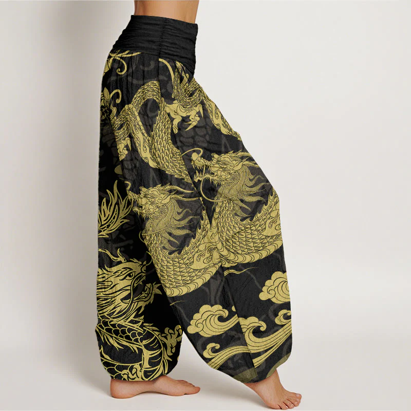 Pantaloni harem da donna con elastico in vita, in puro cotone, con Buddha Stones drago e nuvole di buon auspicio - Image 3