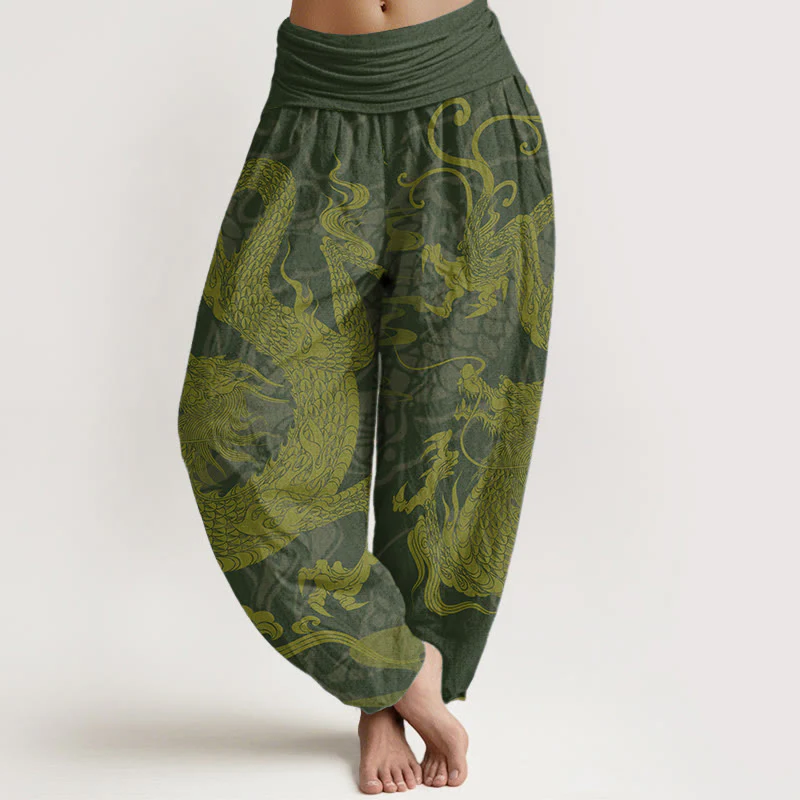 Pantaloni harem da donna con elastico in vita, in puro cotone, con Buddha Stones drago e nuvole di buon auspicio - Image 6